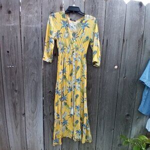 FISOUL HAWAIIAN DRESS WOMEN L YELLOW PINEAPLE PRINT MAXI 3/4 SLEEVE BUTTON